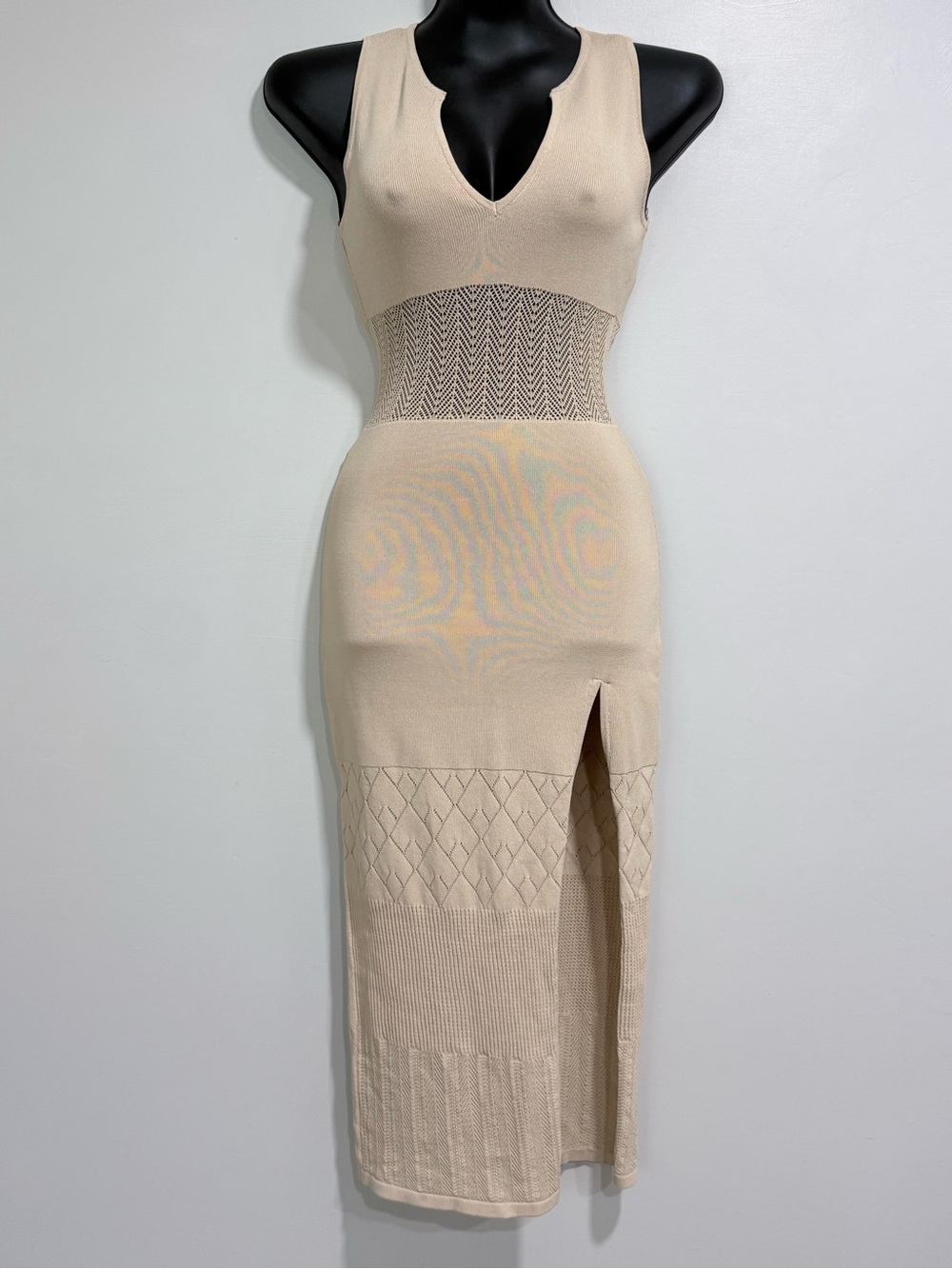 Hera Collection Beige Sleeveless Knit Midi Dress with Side Slit